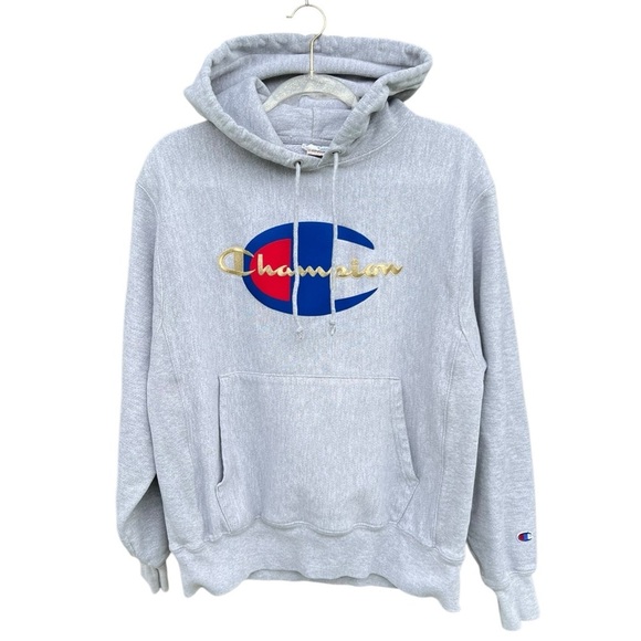 Champion Reverse Weave Big C Spell Out Logo Hoodie Gray Medium Thick Soft - Picture 1 of 11